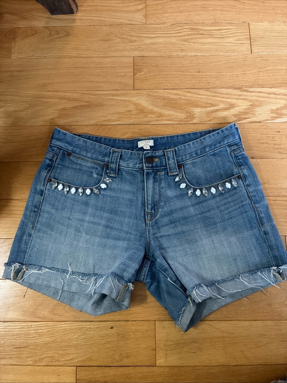 J. Crew Embellished Medium Blue Denim Cutoff Shorts size 6